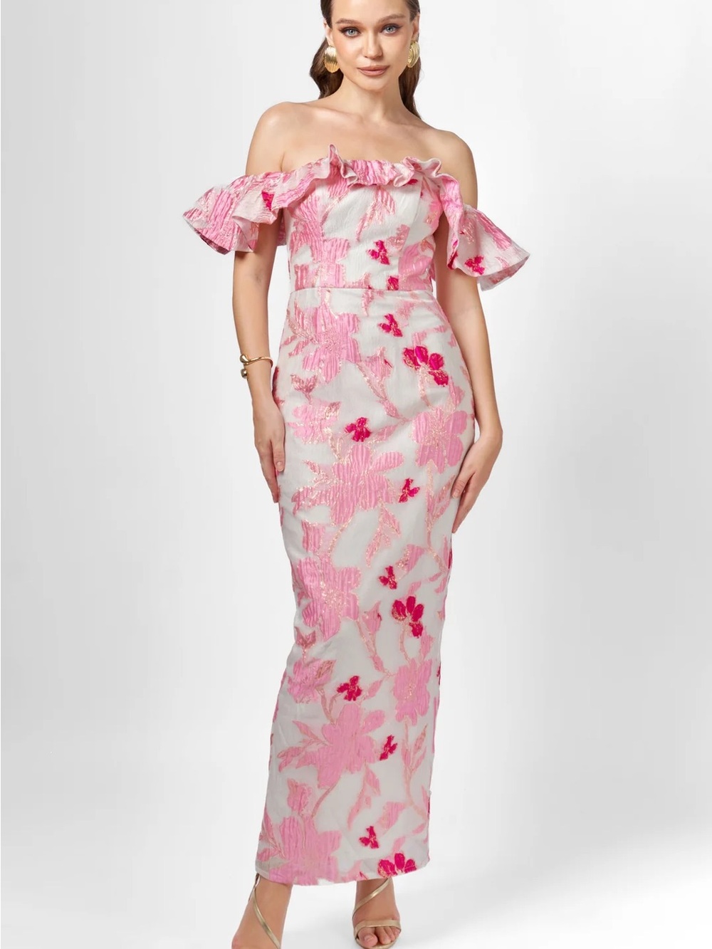 Bariano Australia Off-Shoulder Pink Floral Embroidered Evening Dress
